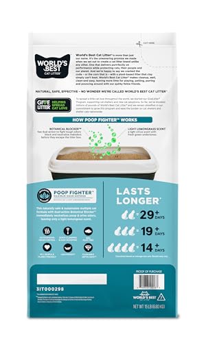 WORLD'S BEST CAT LITTER Poop Fighter Maximum Odor Defense, 15-Pounds - Natural Ingredients, Quick Clumping, Flushable, 99% Dust Free & Made in USA - Long-Lasting Odor Control & Easy Scooping