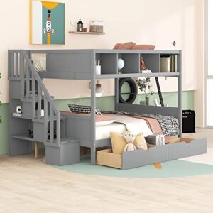 bovza twin over full bunk bed with storage shelves, 2 drawers and staircase, wood bunk bed frame for kids teens adults, gray