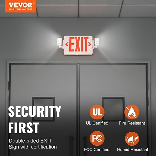 VEVOR LED Exit Sign with Emergency Lights, Two Heads Emergency Exit Light with Battery Backup, Combo Red Letter Fire Exit Lighting, Commercial Exit Signs for Business, White Housing, 6 Pack