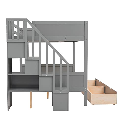 BOVZA Twin Over Full Bunk Bed with Storage Shelves, 2 Drawers and Staircase, Wood Bunk Bed Frame for Kids Teens Adults, Gray