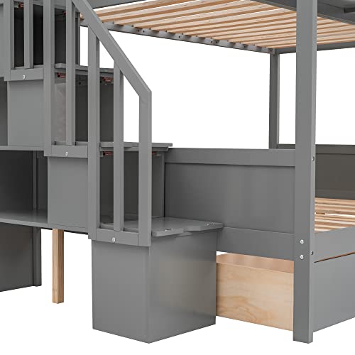 BOVZA Twin Over Full Bunk Bed with Storage Shelves, 2 Drawers and Staircase, Wood Bunk Bed Frame for Kids Teens Adults, Gray