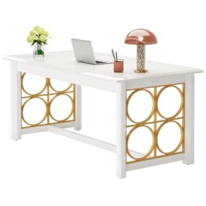 little tree 63-inch white executive desk, modern office desk with stable gold metal legs, large office computer desk, home office business furniture, glossy white