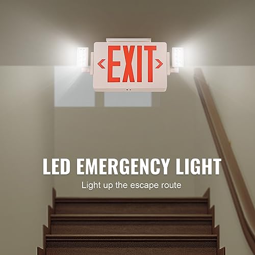 VEVOR LED Exit Sign with Emergency Lights, Two Heads Emergency Exit Light with Battery Backup, Combo Red Letter Fire Exit Lighting, Commercial Exit Signs for Business, White Housing, 6 Pack