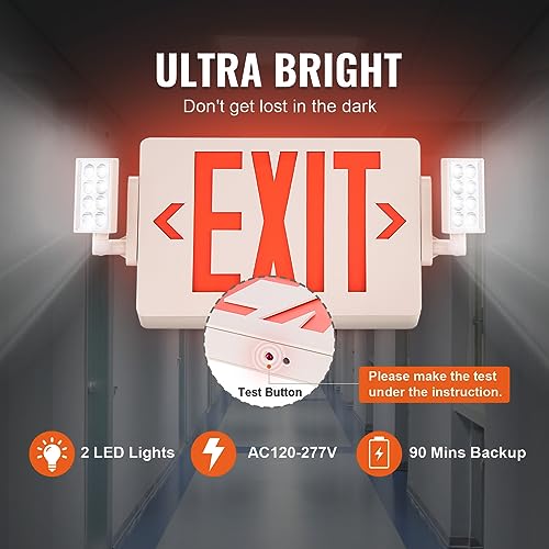 VEVOR LED Exit Sign with Emergency Lights, Two Heads Emergency Exit Light with Battery Backup, Combo Red Letter Fire Exit Lighting, Commercial Exit Signs for Business, White Housing, 6 Pack