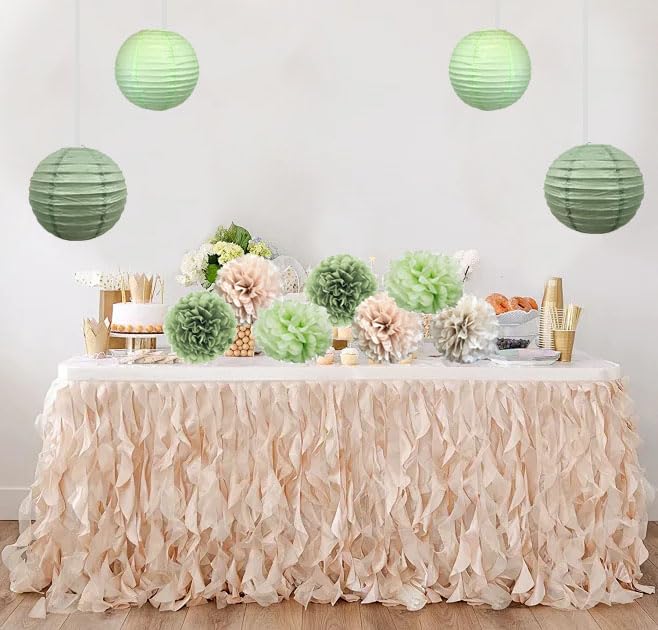 Sage Green hanging Party Decorations for Baby Bridal Shower Boho Wedding Birthday Supplies in Wall Decor with Tissue pom poms and Lanterns (Boho green)