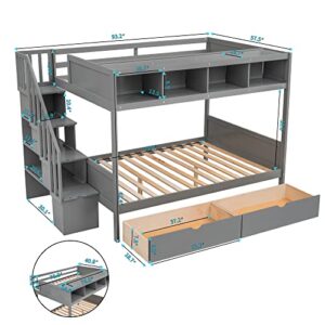 BOVZA Twin Over Full Bunk Bed with Storage Shelves, 2 Drawers and Staircase, Wood Bunk Bed Frame for Kids Teens Adults, Gray