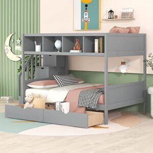 BOVZA Twin Over Full Bunk Bed with Storage Shelves, 2 Drawers and Staircase, Wood Bunk Bed Frame for Kids Teens Adults, Gray