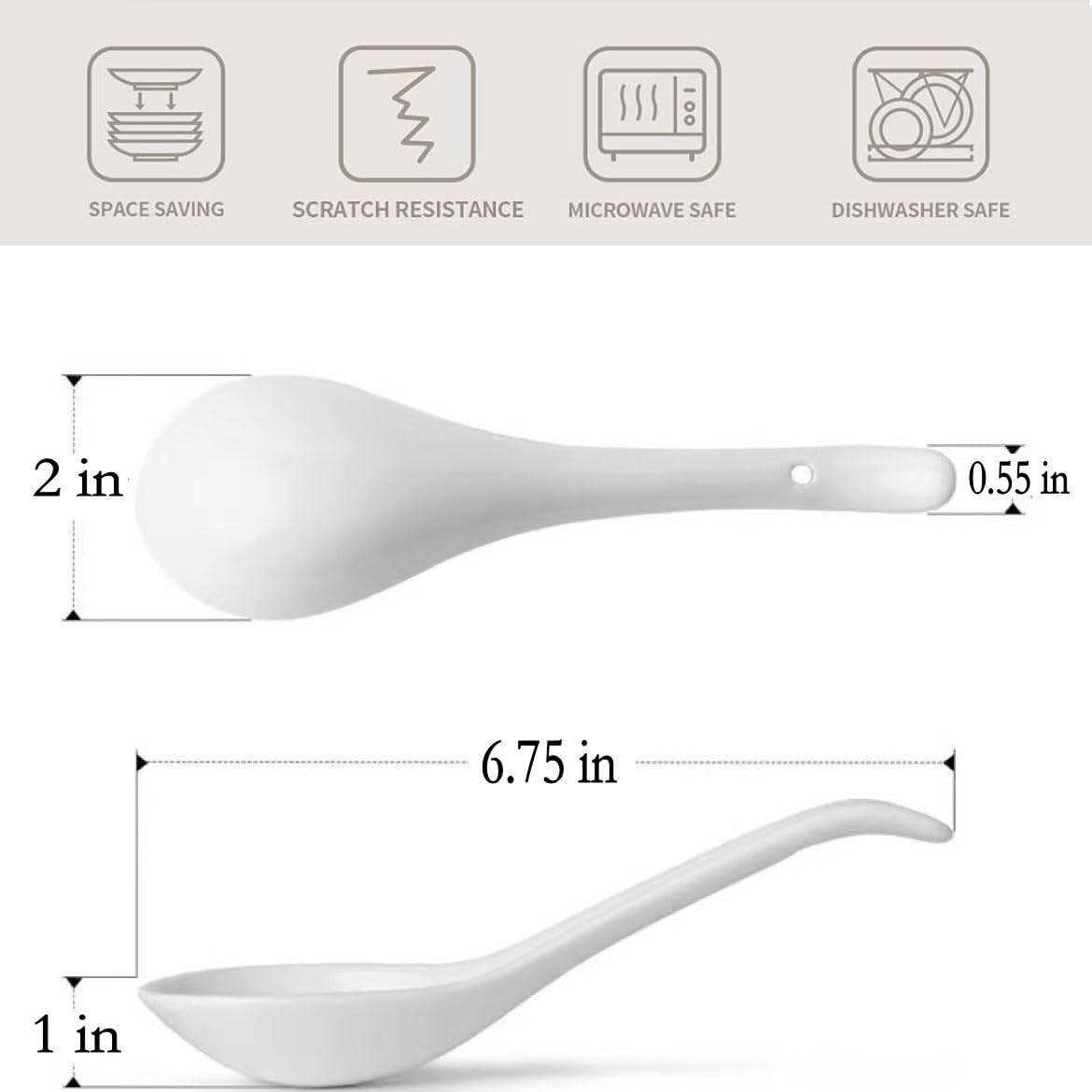 QLANS Soup Spoons, Ceramic Chinese Soup Spoons, Asian Soup Spoons, White Japanese Spoon Large for Ramen Pho Wonton Dumpling Miso, Deep Oval Hook Design, Set of 8