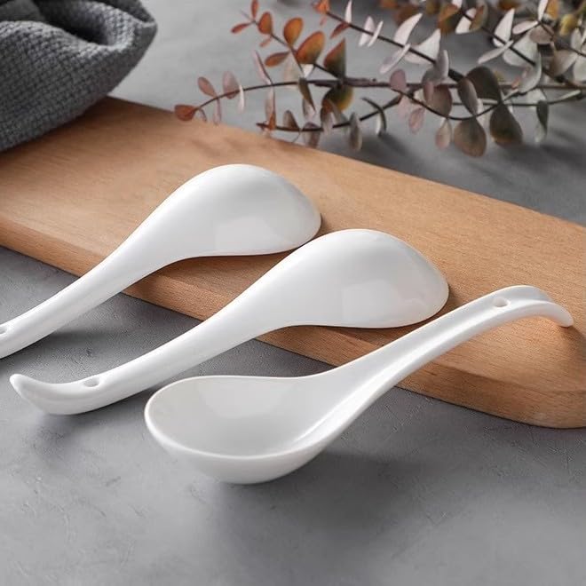 QLANS Soup Spoons, Ceramic Chinese Soup Spoons, Asian Soup Spoons, White Japanese Spoon Large for Ramen Pho Wonton Dumpling Miso, Deep Oval Hook Design, Set of 8