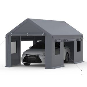 GAOMON 13'x20'Carport, Heavy Duty Portable Garage, with 4 Roll-up Doors & 4 Ventilated Windows, Reinforced Steel Poles & 180 g PE Waterproof Canopy, for Pickup Truck, and Boat, Silver Gray