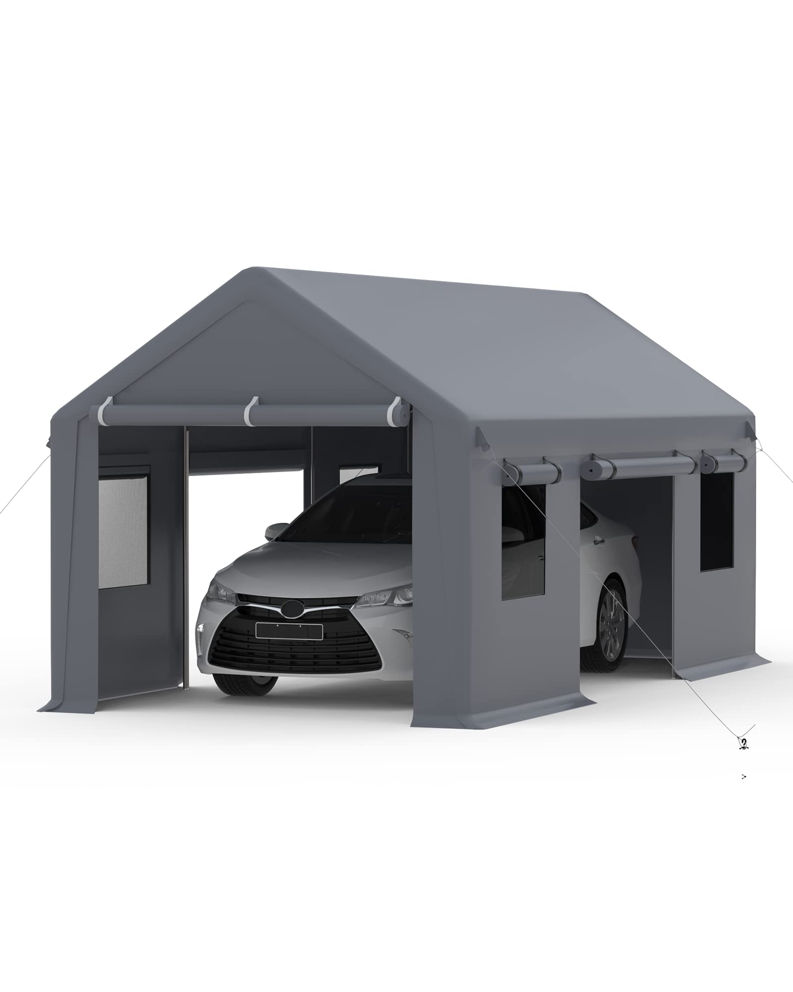 GAOMON 13'x20'Carport, Heavy Duty Portable Garage, with 4 Roll-up Doors & 4 Ventilated Windows, Reinforced Steel Poles & 180 g PE Waterproof Canopy, for Pickup Truck, and Boat, Silver Gray