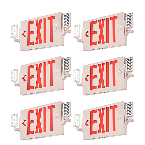 VEVOR LED Exit Sign with Emergency Lights, Two Heads Emergency Exit Light with Battery Backup, Combo Red Letter Fire Exit Lighting, Commercial Exit Signs for Business, White Housing, 6 Pack