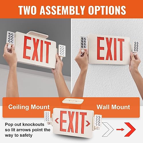 VEVOR LED Exit Sign with Emergency Lights, Two Heads Emergency Exit Light with Battery Backup, Combo Red Letter Fire Exit Lighting, Commercial Exit Signs for Business, White Housing, 6 Pack