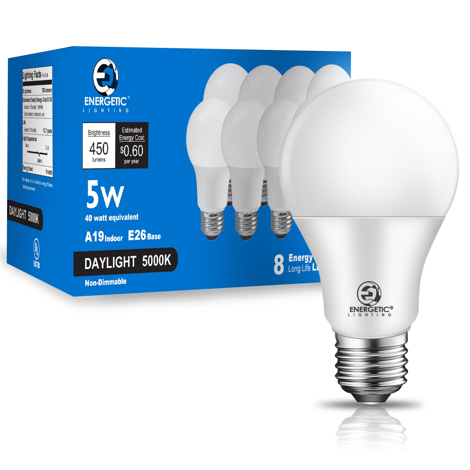 E ENERGETIC LIGHTING 40W Equivalent, A19 LED Light Bulb, 5000K Daylight, E26 Standard Base, Non-Dimmable, 5W 450lm, UL Listed, 8 Packs