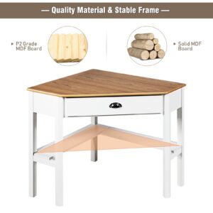 IFANNY Corner Desk, Triangle Desk with Drawers and Shelves, Wood Corner Console Table, Vanity Table with Storage, Corner Writing Desk, Small Corner Desks for Small Spaces (Natural & White)