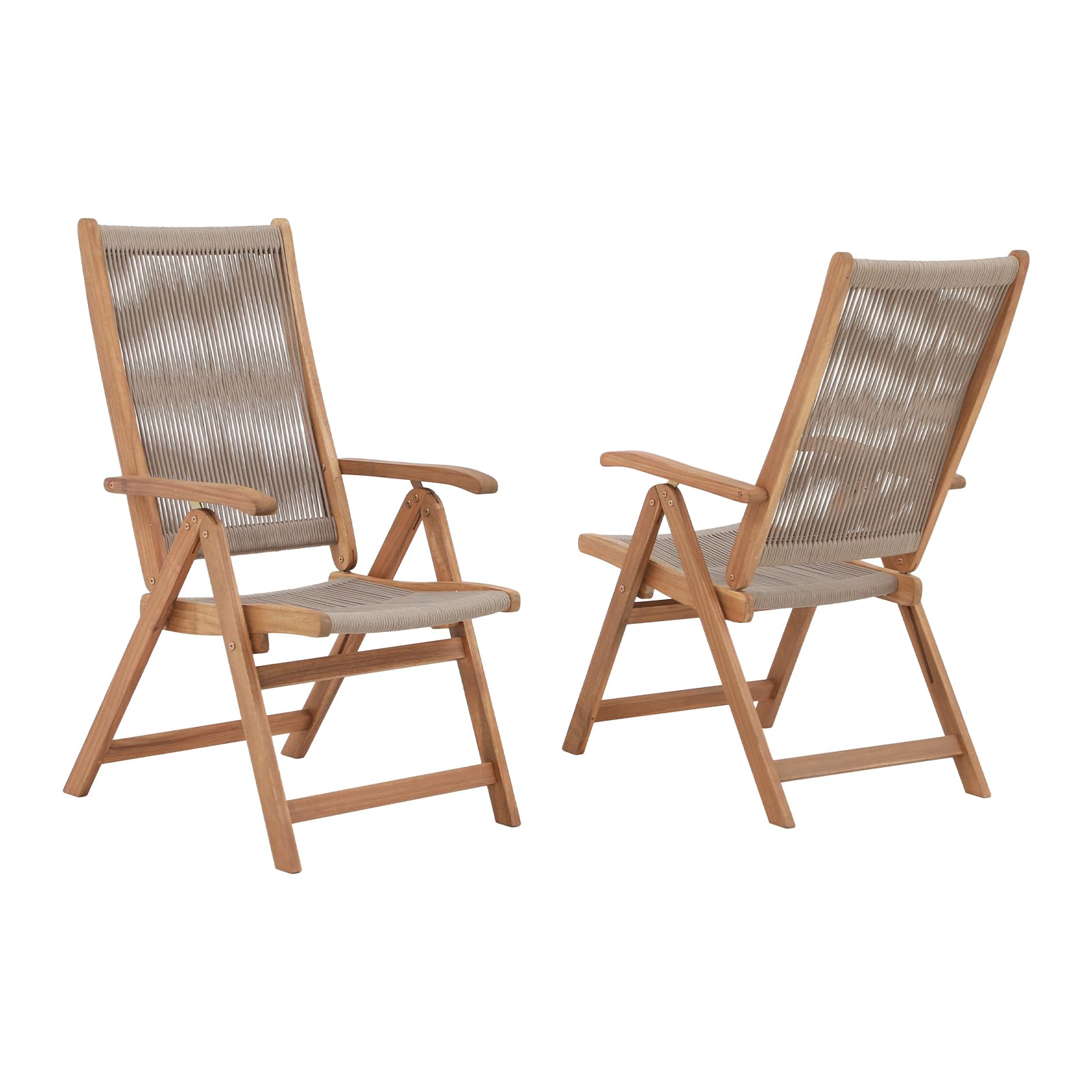 OC Orange-Casual Folding Patio Dining Chair Set of 2, Outdoor Acacia Wooden Rope Reclining Chair w/Armrest, FSC Certified Wood, for Porch, Backyard, Garden, Indoor, Beige