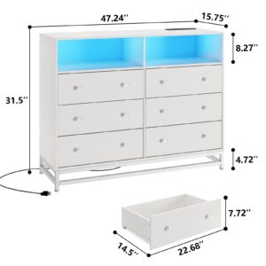 Jojoka Wide Dresser for Bedroom with Charging Station, 6 Drawer Dresser with LED Lights, Modern Large Capacity Storage Cabinet, Closet,White