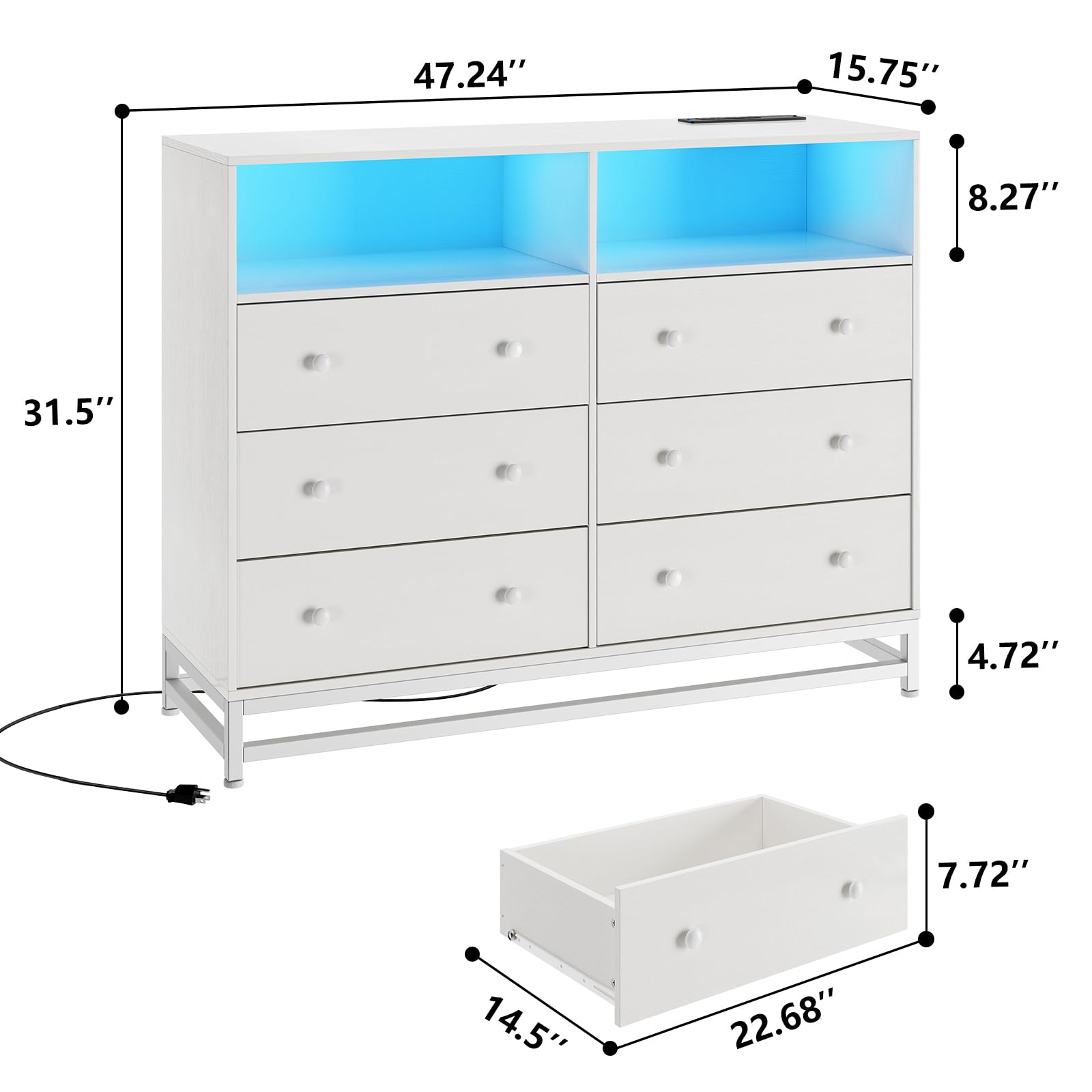 Jojoka Wide Dresser for Bedroom with Charging Station, 6 Drawer Dresser with LED Lights, Modern Large Capacity Storage Cabinet, Closet,White