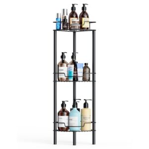 famnone corner shower caddy, 3 tier rustproof shower organizer shelf for bathroom shampoo storage, waterproof stainless steel floor corner stand rack for bathroom balcony kitchen, no drilling, black