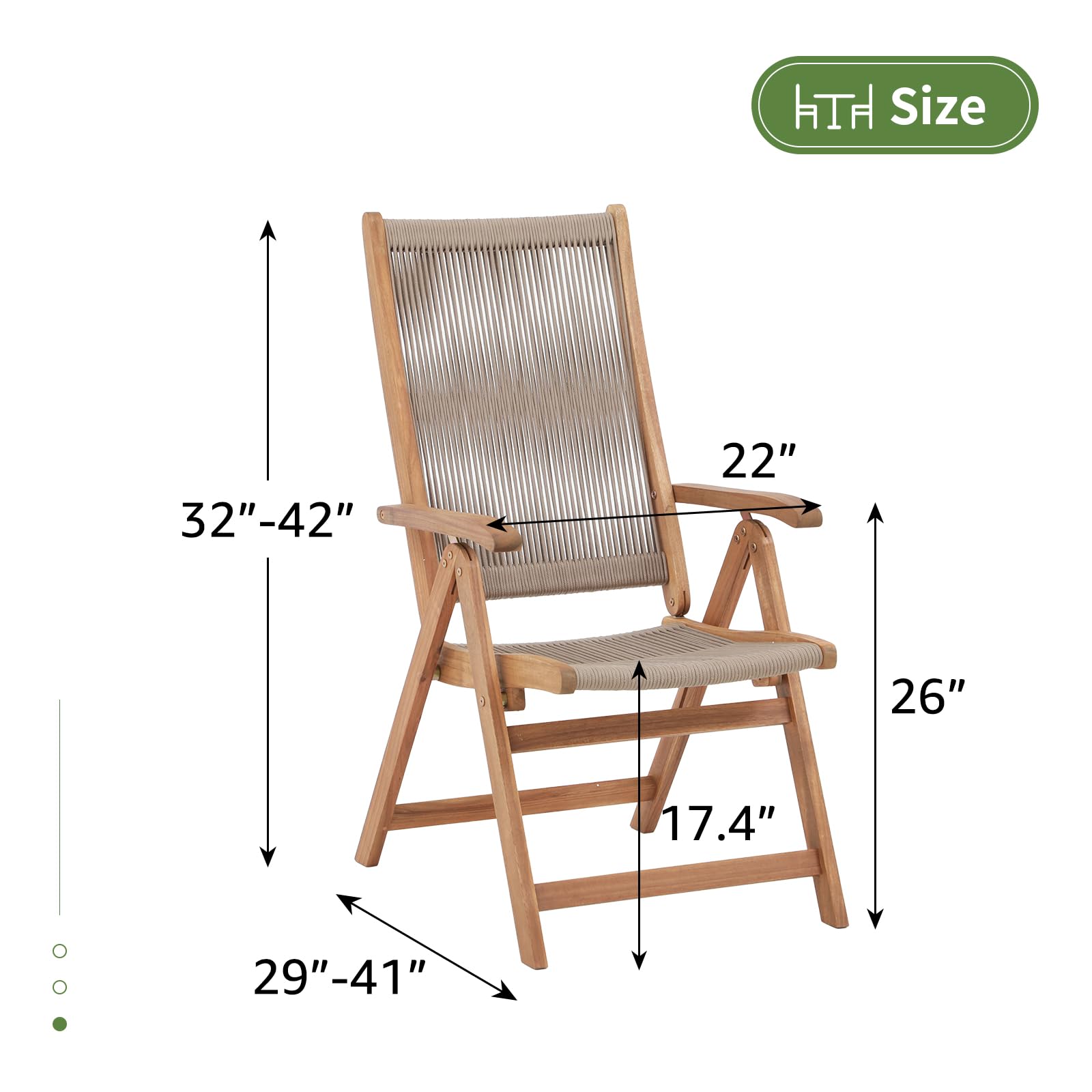 OC Orange-Casual Folding Patio Dining Chair Set of 4, Outdoor Acacia Wooden Rope Reclining Chair w/Armrest, FSC Certified Wood, for Porch, Backyard, Garden, Indoor, Beige