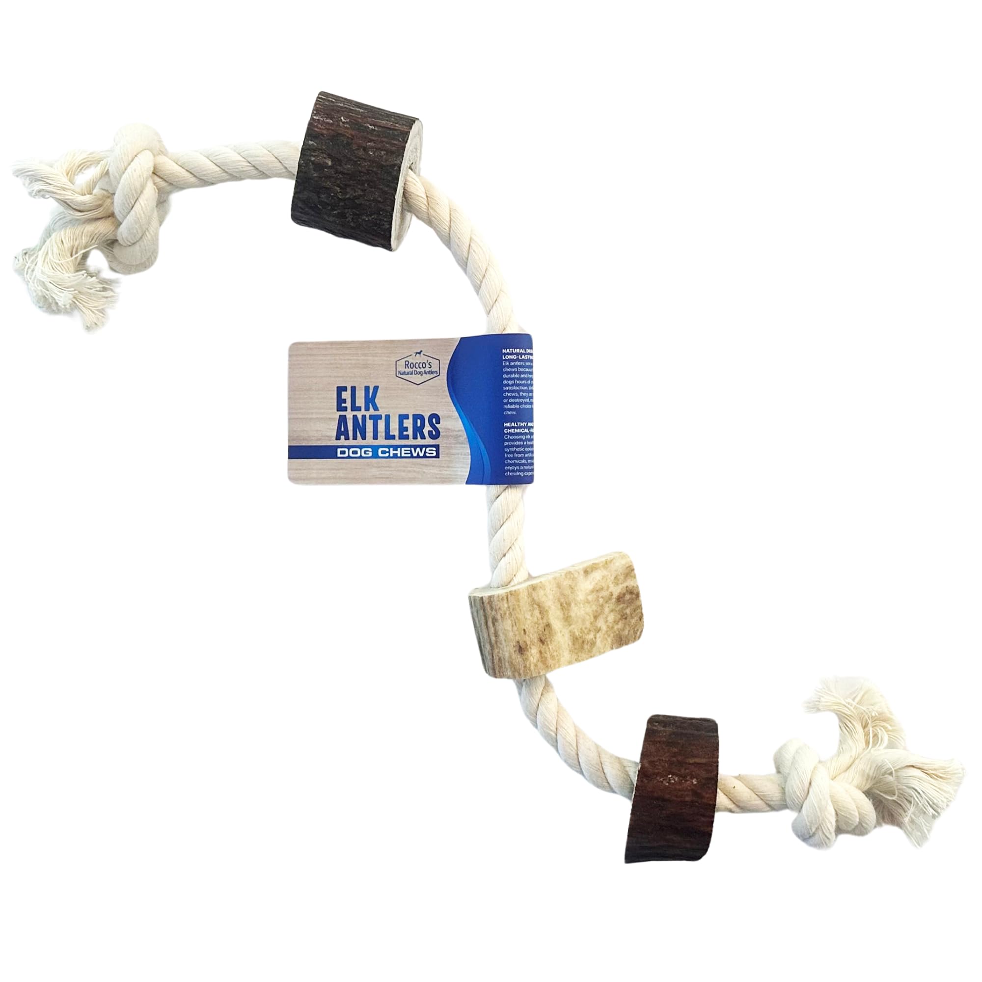 Rocco's Natural Elk Antler Rope Chew Toys: Includes 3 Montana elk Antlers with 100% Natural Cotton Rope. Ideal for Dogs 25lbs+, Supports Training, Breath, and Dental Care. Made in The USA, BPA-Free