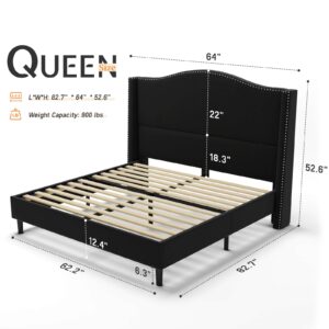 Jocisland Queen Size Platform Bed Frame,Velvet Fabric Upholstered Bed with Tall Arched Headboard & Nailhead Trim Wingback Headboard/No Box Spring Needed/Black