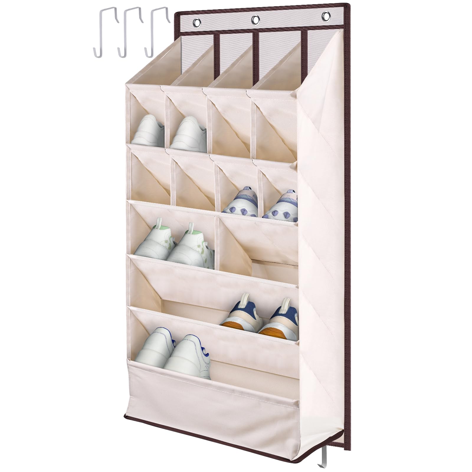 HAKACC Large Over the Door Shoe Organizer,Shoe Holder with Large Pockets Shoe Rack Hanging Shoe Organizer Beige for Closet Home