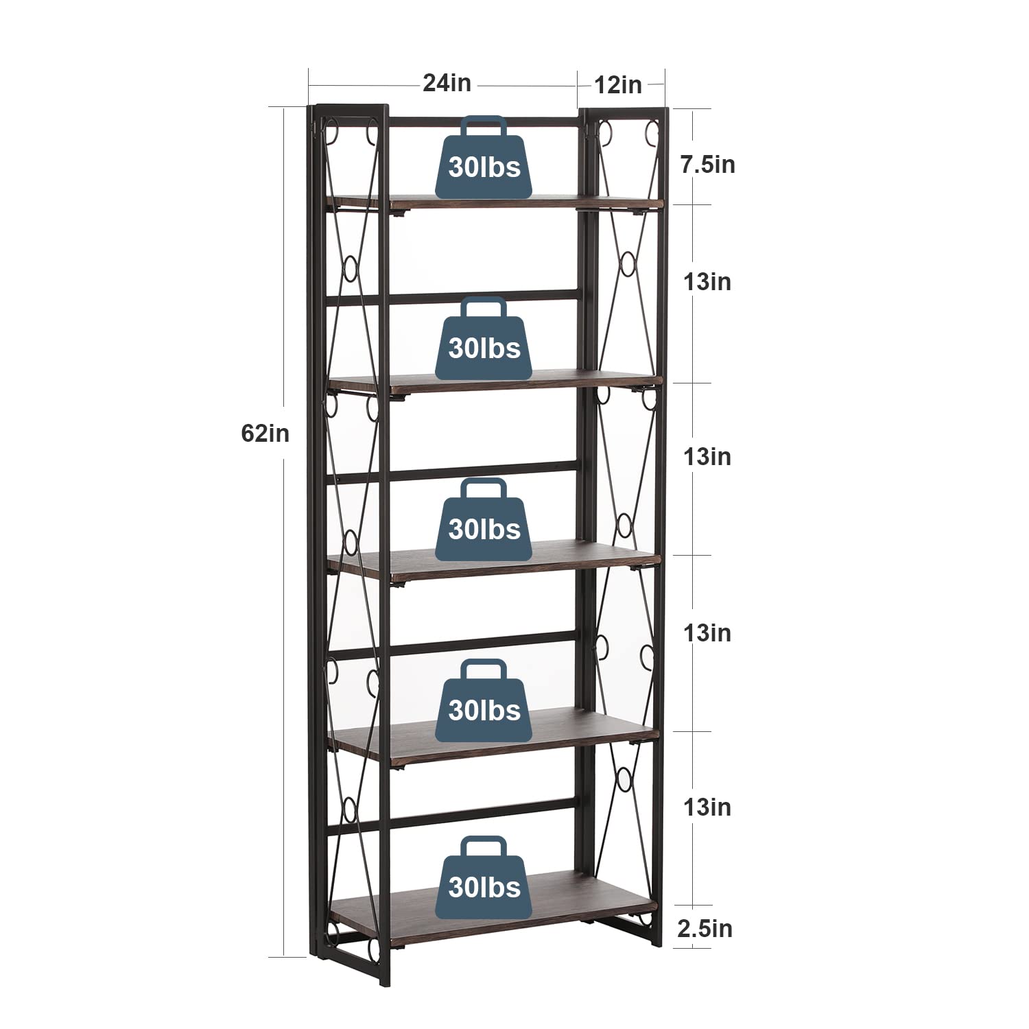 VECELO Folding Bookshelf, 5 Shelf Bookcase No Assembly, Industrial Metal Frame Shelves Rack Organizer for Living Room, Office,Walnut 1 Set