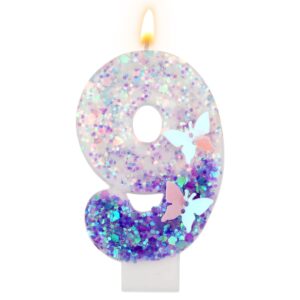 birthday number candles, 2.87 inch purple butterfly candle glitter number candles purple cake topper decorations happy birthday cute number candles for celebrations (number 9)