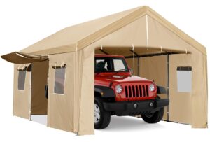 garvee carport canopy 10x20ft, portable garage with removable sidewalls & doors, reinforced metal frame, heavy duty garage tent for automobiles, truck, boat, yellow