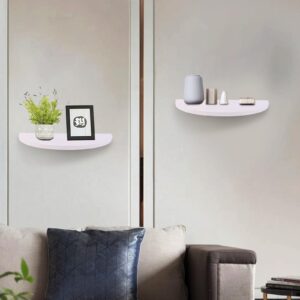 ZELURA Small Floating Plant Shelves Set of 2 - Rustic Wood Half Circle Shelves for Bedroom Living Room Bathroom Kitchen Office (White)