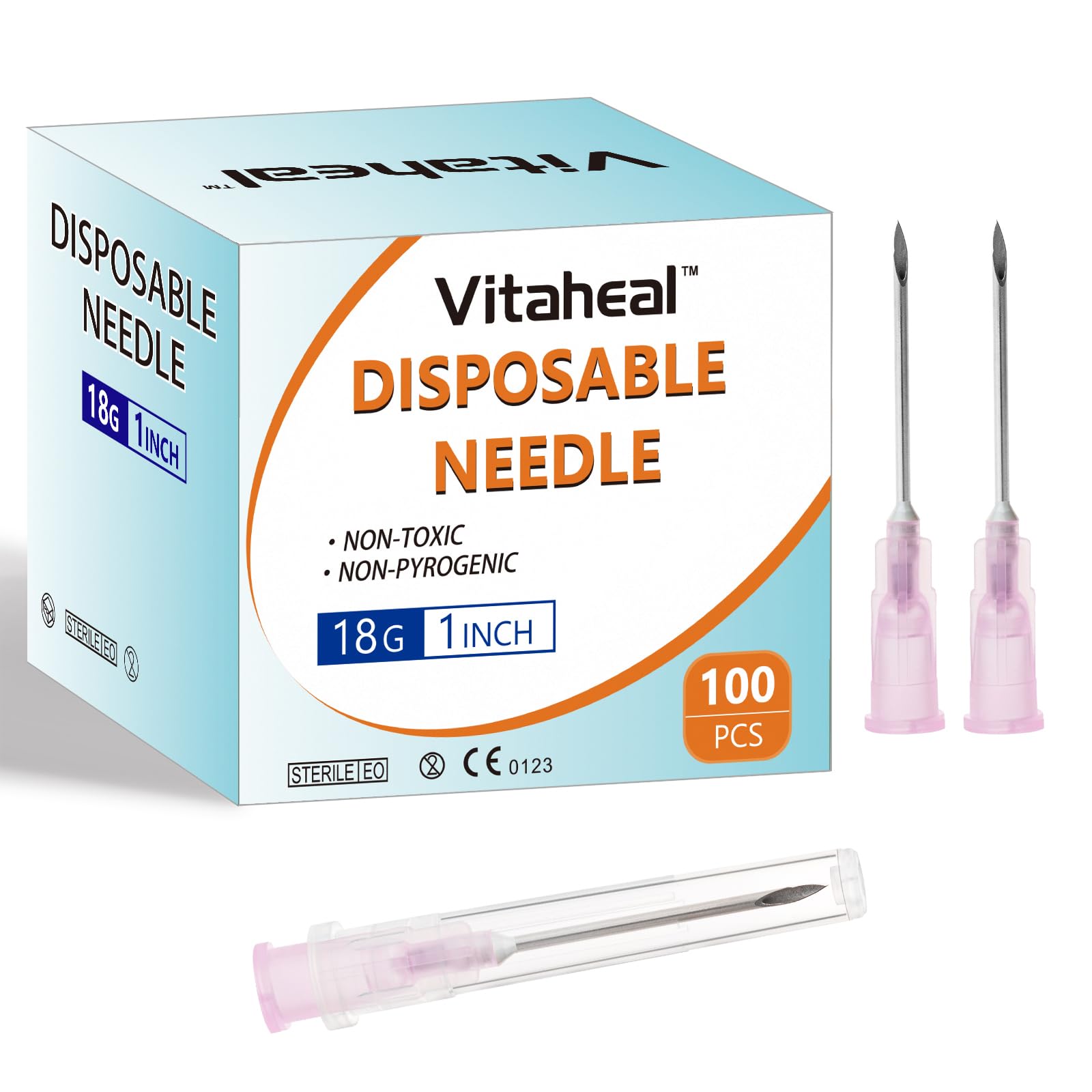 Vitaheal 100 Pack 18 Ga 1 Inch Needle, Luer Lock, Industrial Accessories, Sterile Individual Package for Lab Scientific Measuring, Refilling Inks, Plant and Industry