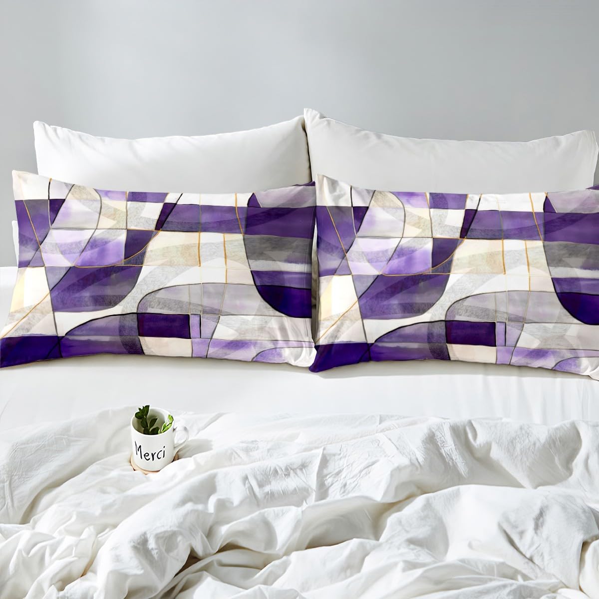 Feelyou Geometric Abstract Bedding Set Queen Size Kids Purple Marble Pattern Comforter Cover Set for Boys Girls Teens Rectangle Square Duvet Cover Modern Art Bedspread Cover Room Decor Quilt Cover