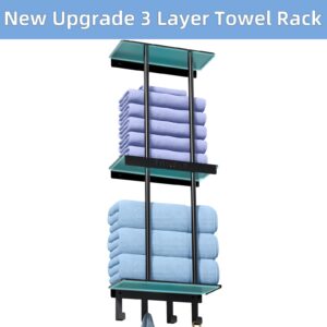 Bathroom Towel Rack with Shelf, New Upgrade 3 Tier Towel Storage Rack for Bathroom Wall Mounted with 4 Hooks, Wall Towel Holder for Rolled Towels, Towel Shelf for Small Bathroom, Matte Black