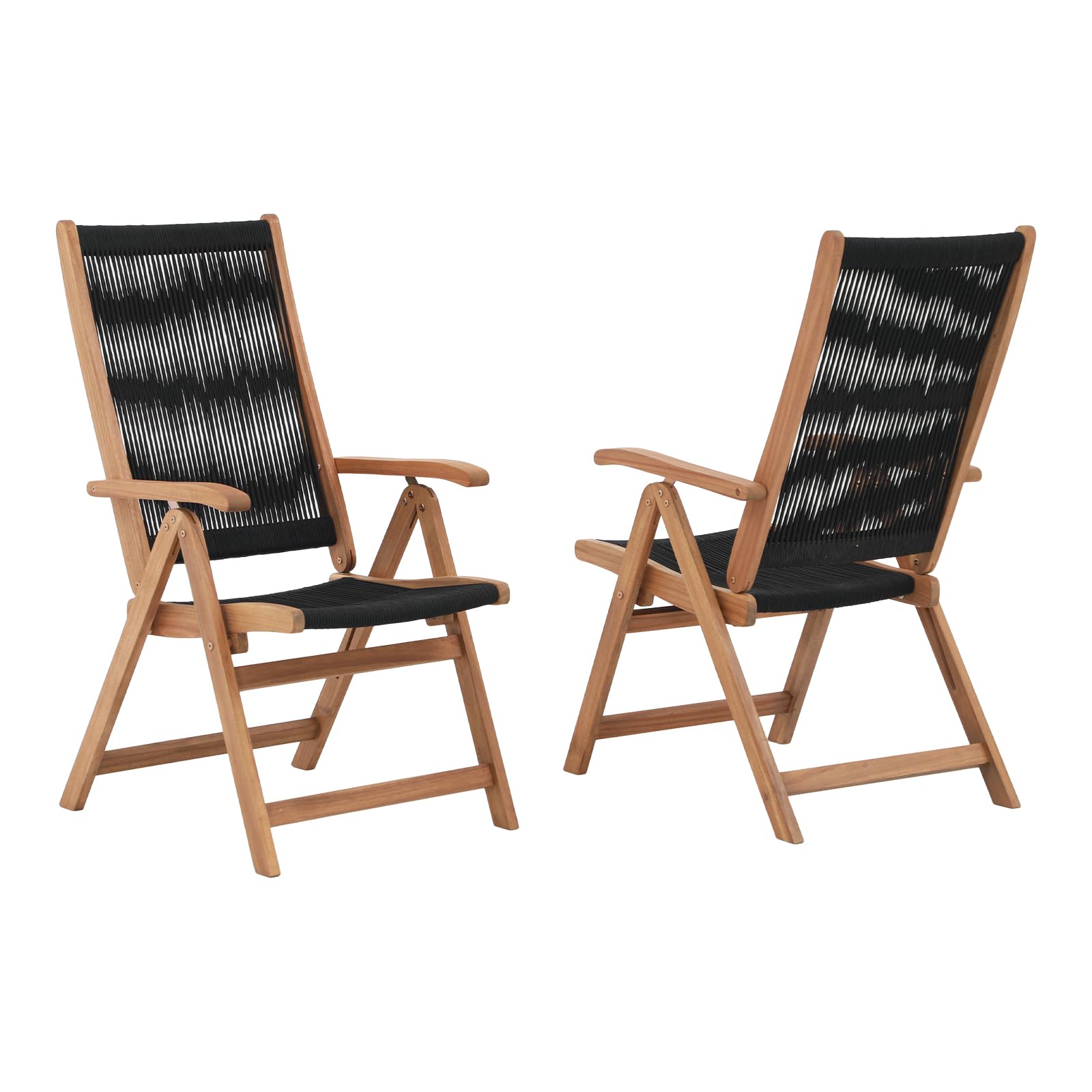 OC Orange-Casual Folding Patio Dining Chair Set of 2, Outdoor Acacia Wooden Rope Reclining Chair w/Armrest, FSC Certified Wood, for Porch, Backyard, Garden, Indoor, Black