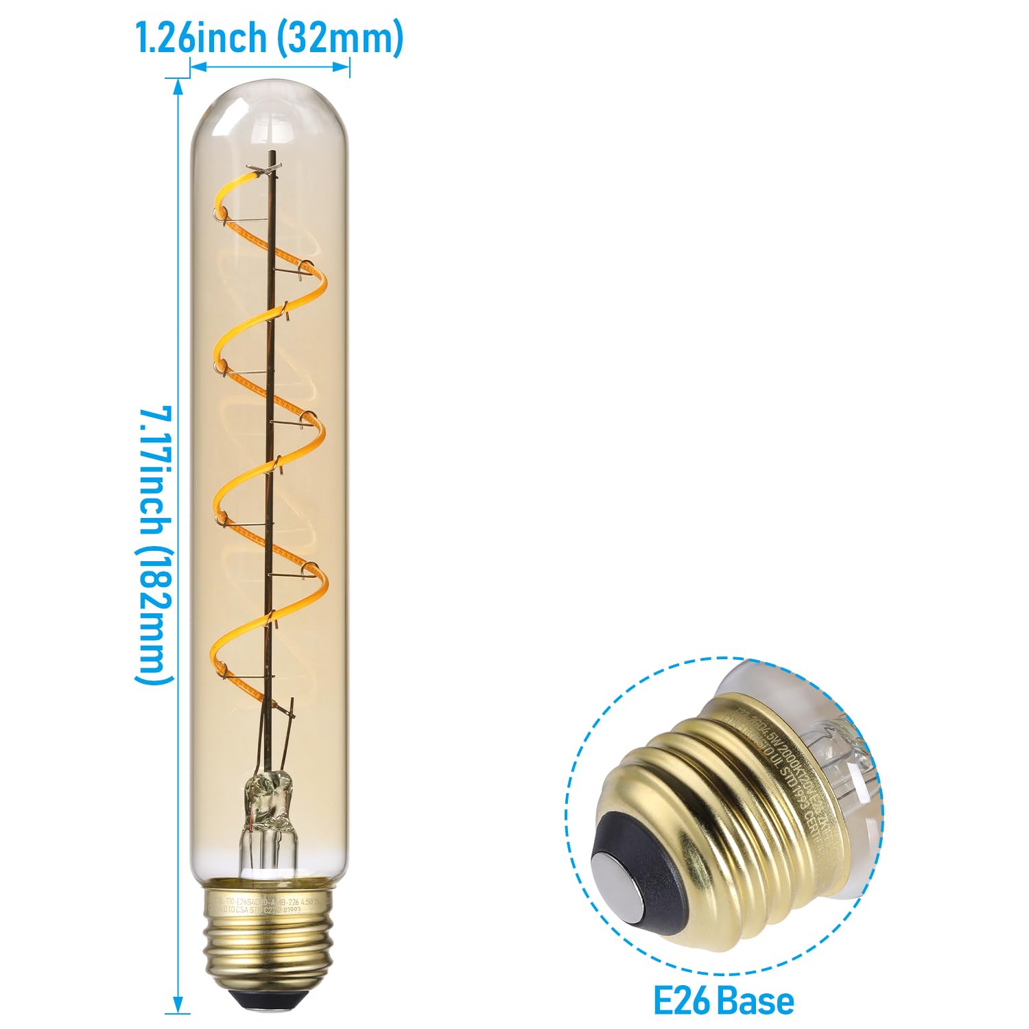 TORCHSTAR LED Vintage Spiral Filament Bulb T10, 4.5W 7.17inch Long Tubular Edison Light Bulbs, E26 Base, Dimmable T10 Filament Bulb for Wall Lamp, Amber Glass, 2000K Soft Warm, ETL/FCC, Pack of 4