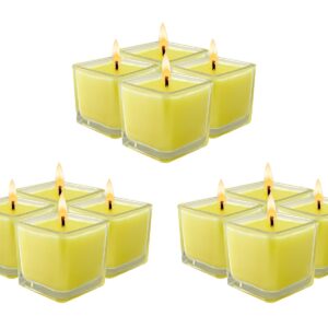 12 Pack Yellow Small Square Glass Citronella Candles, Strong Lemongrass Scented Votive Candles, for Outdoor Dinner Party, Patio, Glamping Essentials, Outside