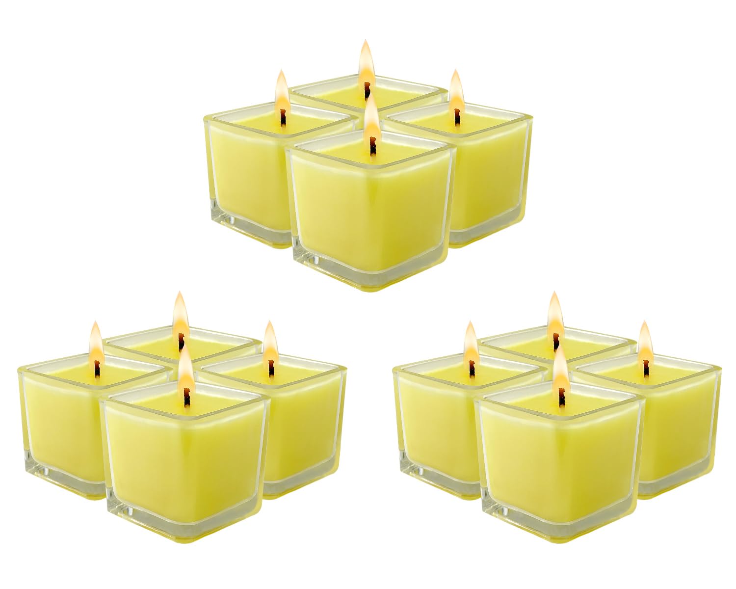 12 Pack Yellow Small Square Glass Citronella Candles, Strong Lemongrass Scented Votive Candles, for Outdoor Dinner Party, Patio, Glamping Essentials, Outside