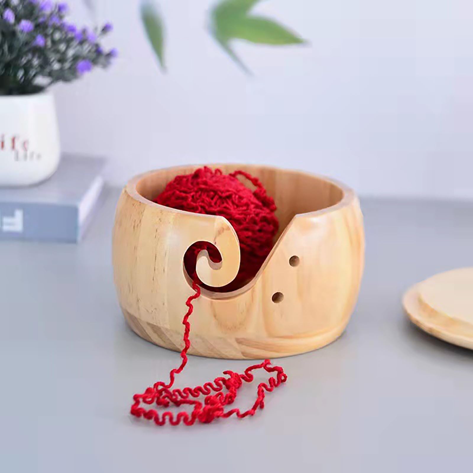 TEMU-SC Wooden Yarn Bowl for Crocheting, Crochet Bowls for Yarn, Knitting Bowl(Without Cover)(Pine Wood)(15 * 8cm)