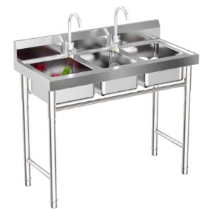 yiyionce 3 compartment sink 304 stainless steel kitchen sink freestanding utility sink with 2 hot & cold faucet commercial triple bowl sink for bar, restaurant each sink 11"l x 9"w x 7"h| us stock