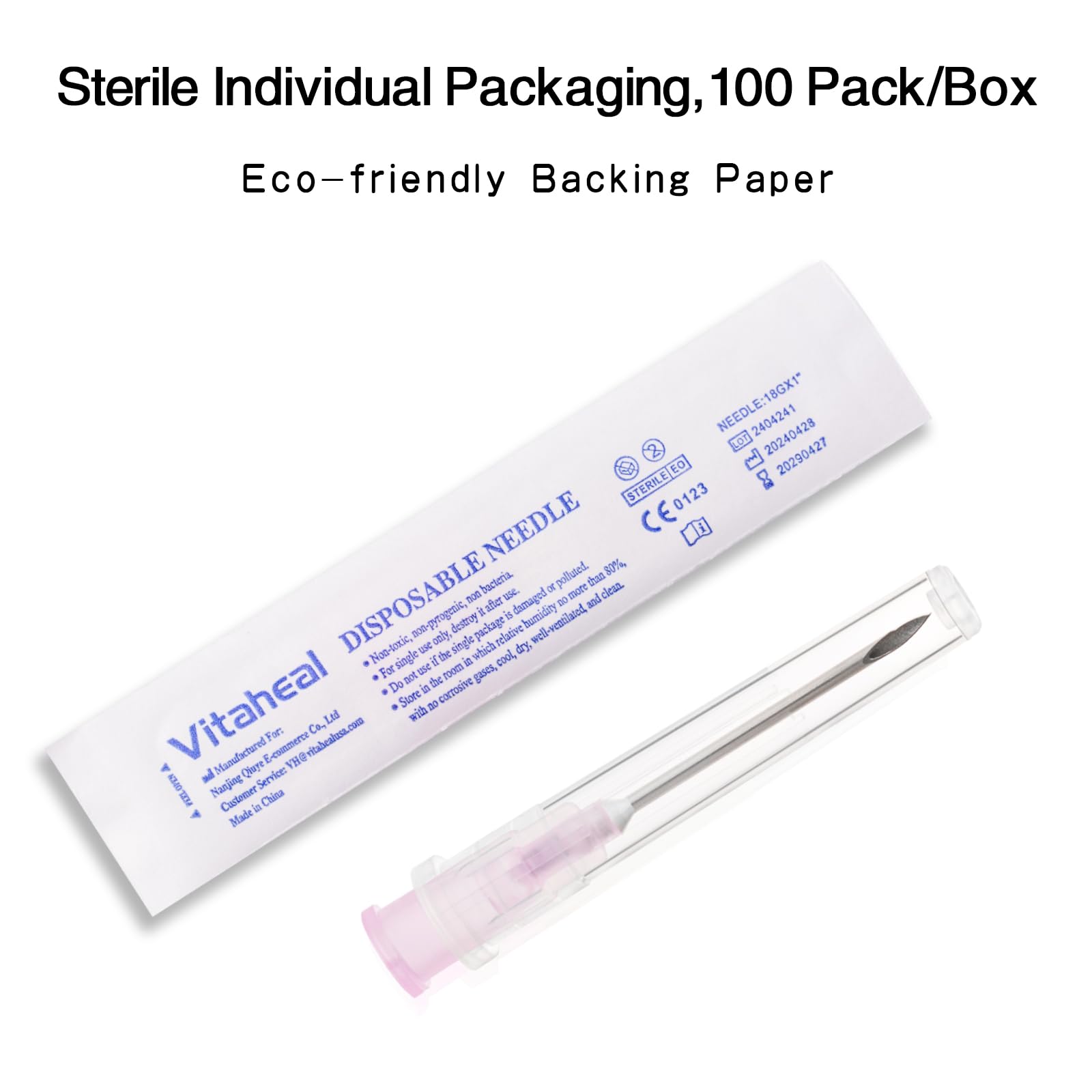 Vitaheal 100 Pack 18 Ga 1 Inch Needle, Luer Lock, Industrial Accessories, Sterile Individual Package for Lab Scientific Measuring, Refilling Inks, Plant and Industry