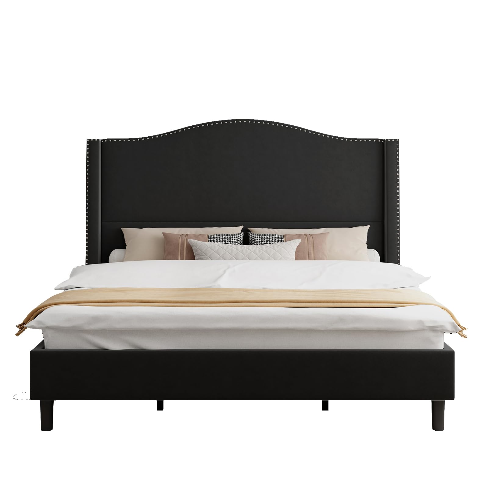 Jocisland Queen Size Platform Bed Frame,Velvet Fabric Upholstered Bed with Tall Arched Headboard & Nailhead Trim Wingback Headboard/No Box Spring Needed/Black