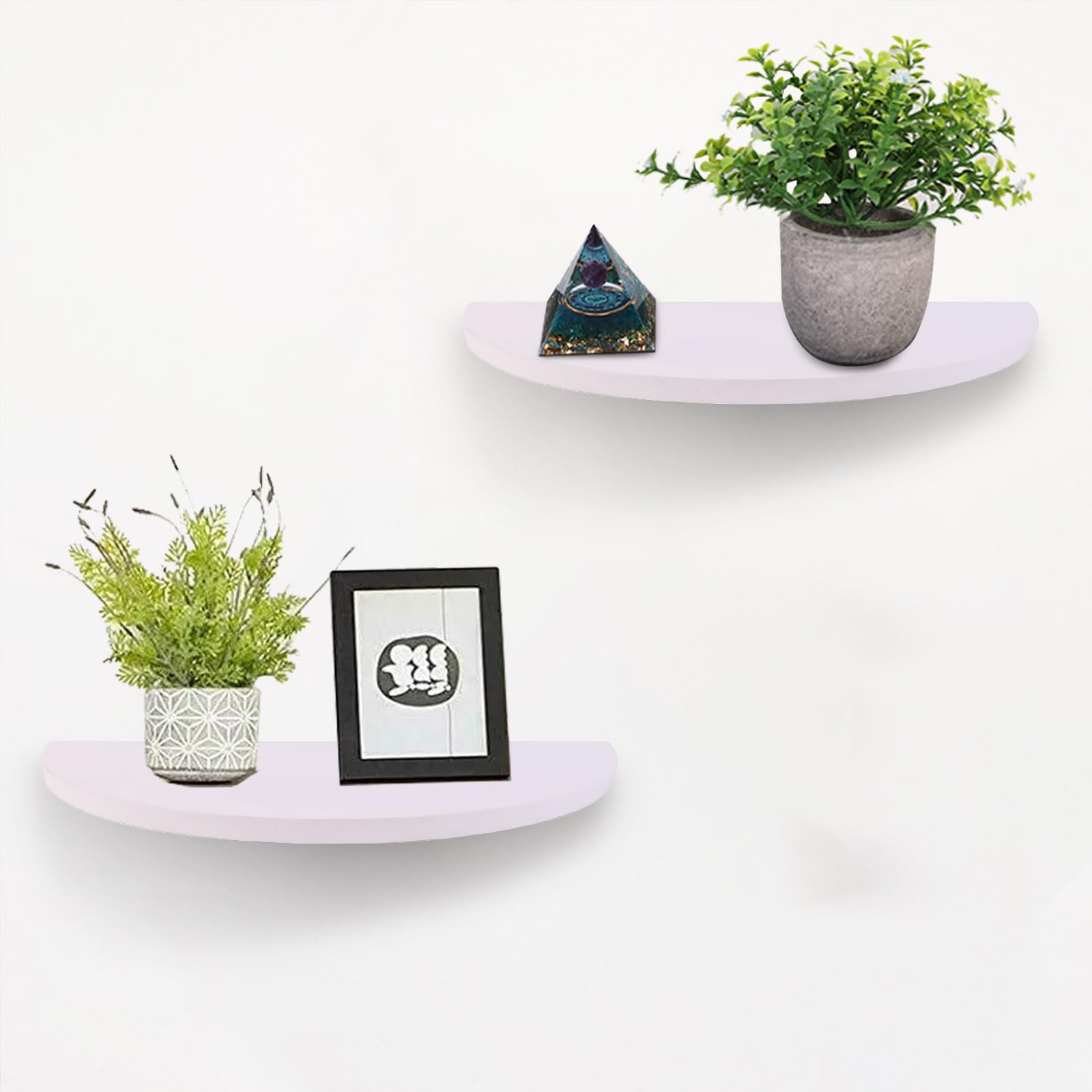 ZELURA Small Floating Plant Shelves Set of 2 - Rustic Wood Half Circle Shelves for Bedroom Living Room Bathroom Kitchen Office (White)