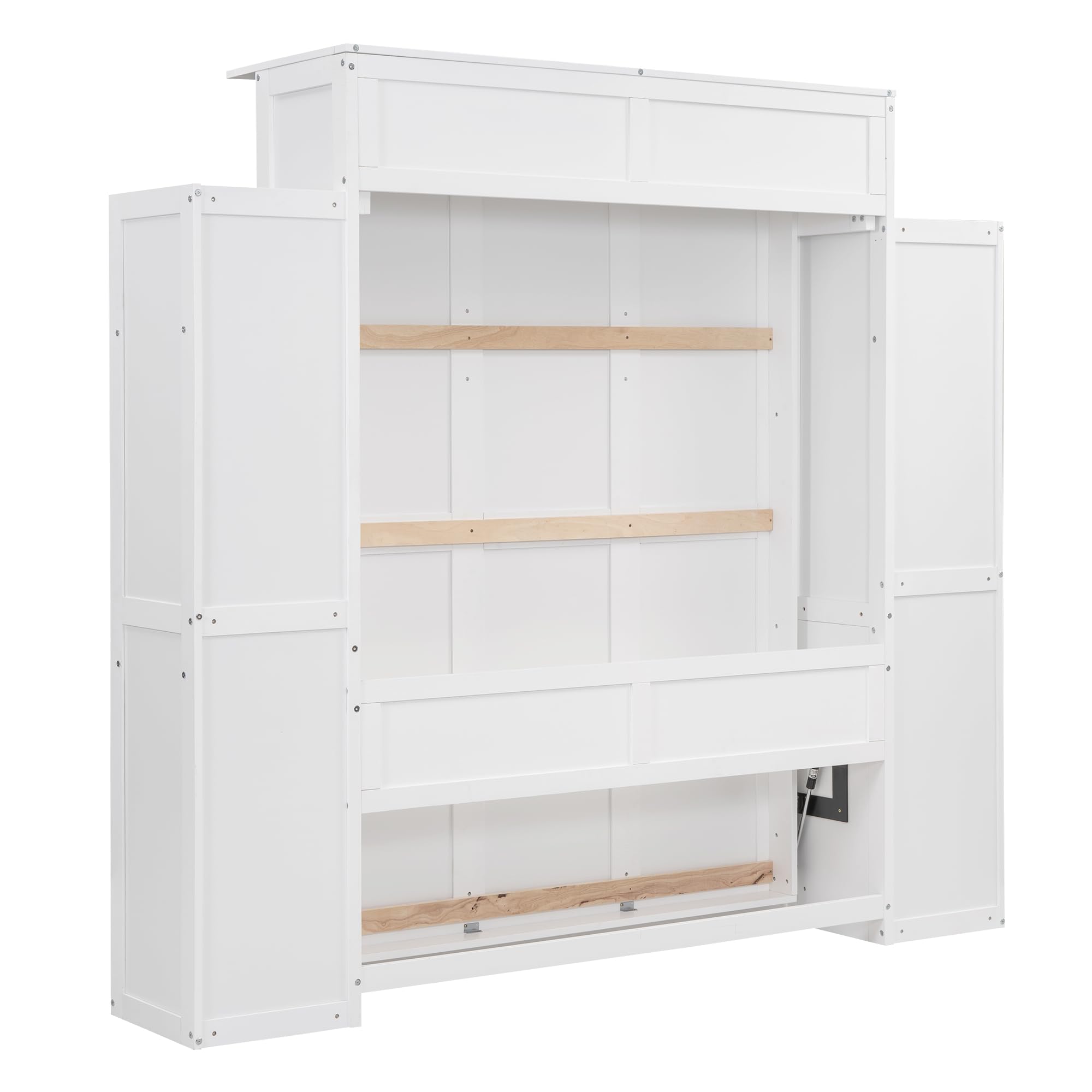 BIADNBZ Full Size Murphy Wall Bed with Side Cabinet Storage and LED Lights, Wood Vertical WallBed Foldable Bedframe with Shelves/Bookshelves for Guest Room Apartment, White