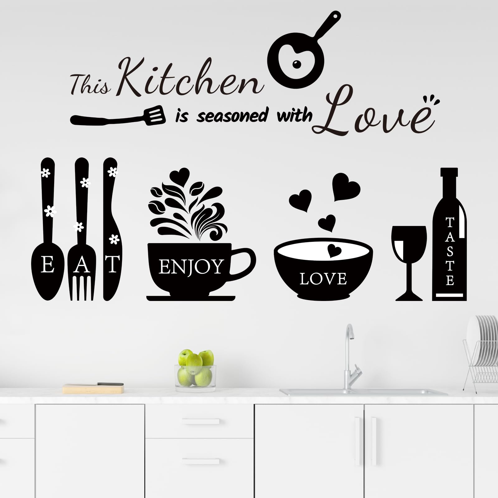 Rotumaty Kitchen Quote Wall Stickers Kitchen Seasoned with Love Wall Decals Wall Art Kitchen Utensil Decorations Wall Decor for Dining Room Home Office School Coffee Shop