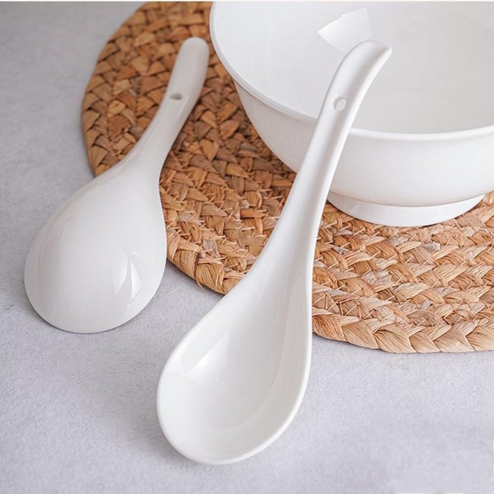 QLANS Soup Spoons, Ceramic Chinese Soup Spoons, Asian Soup Spoons, White Japanese Spoon Large for Ramen Pho Wonton Dumpling Miso, Deep Oval Hook Design, Set of 8