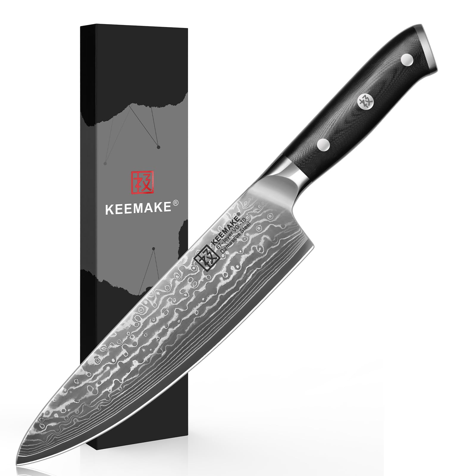 KEEMAKE Chef Knife, 8 Inch Damascus Kitchen Knife, 67 Layers Damascus Steel Knife Japanese VG10 Core, Razor Sharp Chefs Knife with Ergonomic G10 Handle, Cooking Knife for Meat Vegetable