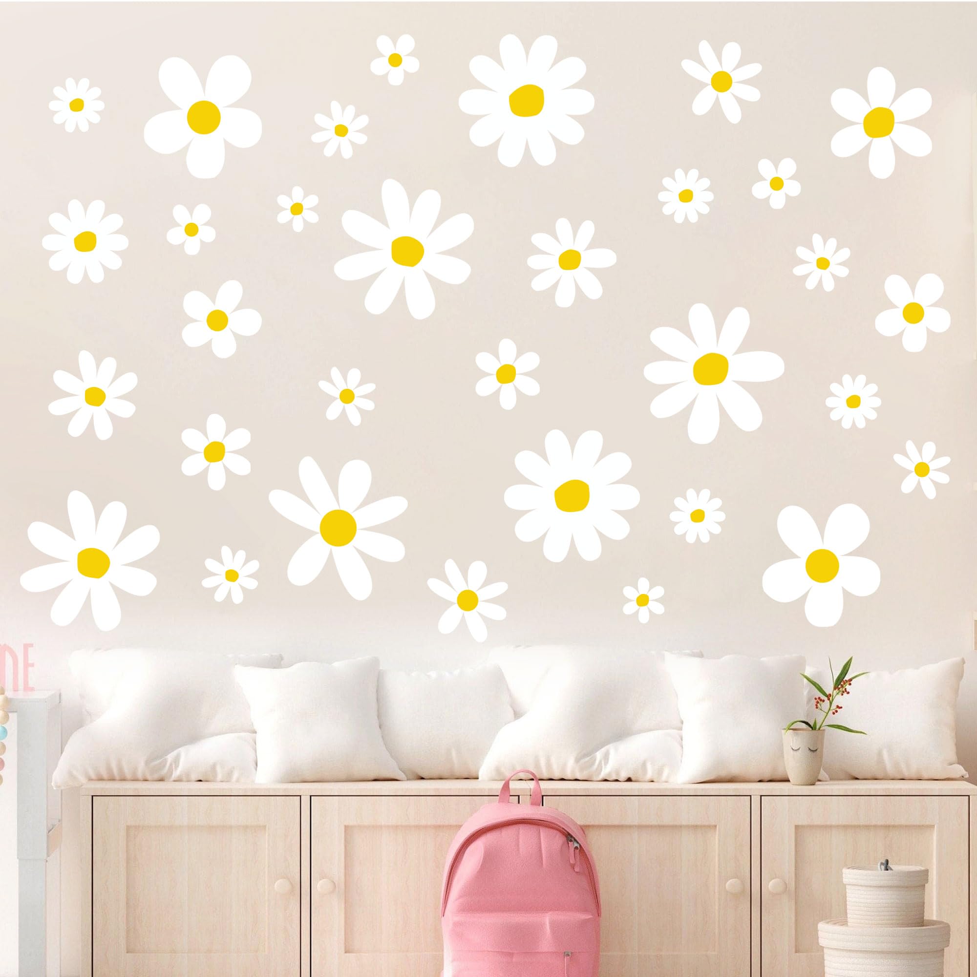 12 Sheets Daisy Wall Decals Boho Flower Wall Stickers Cute Kids Girls Room Decor Peel and Stick Floral Decals Toddler Playroom Living Room Bedroom Classroom Retro Hippie Decor Classic Style