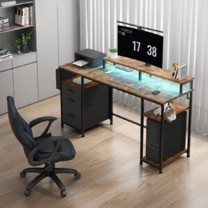 Lufeiya Computer Desk with Fabric File Drawers Cabinet, 55 Inch Home Office Desk with Shelves Monitor Stand, Study Writing Gaming Desks with Led Lights and Power Outlets for Bedroom, Rustic Brown