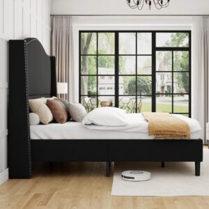 Jocisland Queen Size Platform Bed Frame,Velvet Fabric Upholstered Bed with Tall Arched Headboard & Nailhead Trim Wingback Headboard/No Box Spring Needed/Black